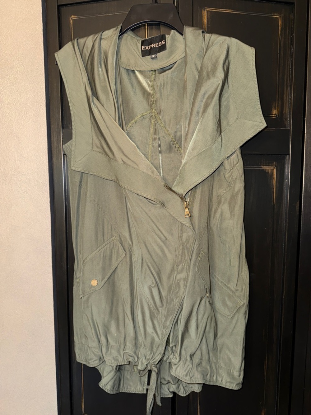 Express Olive Utility Hooded Vest with Drawstring